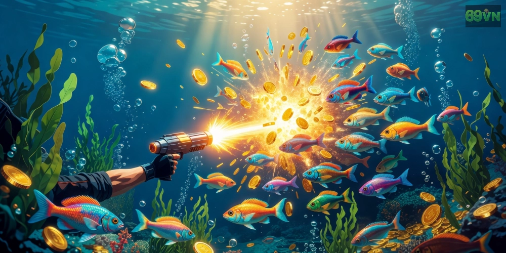 Hình ảnh gameplay bắn cá ăn xu 69vn với hiệu ứng nổ cá rực rỡ và xu vàng rơi