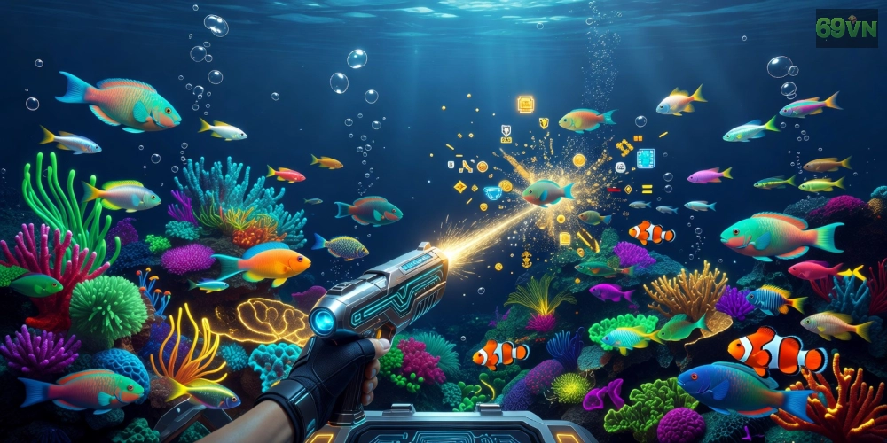 Minh họa giao diện bắn cá online 69vn với cá đa dạng và súng bắn hiện đại