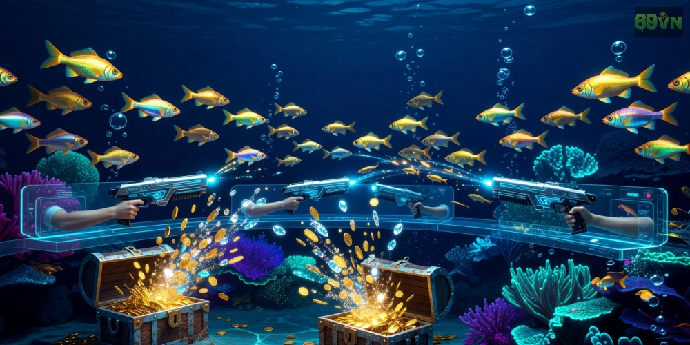 Minh họa khái niệm bắn cá vàng 69vn với giao diện game sống động và phần thưởng hấp dẫn