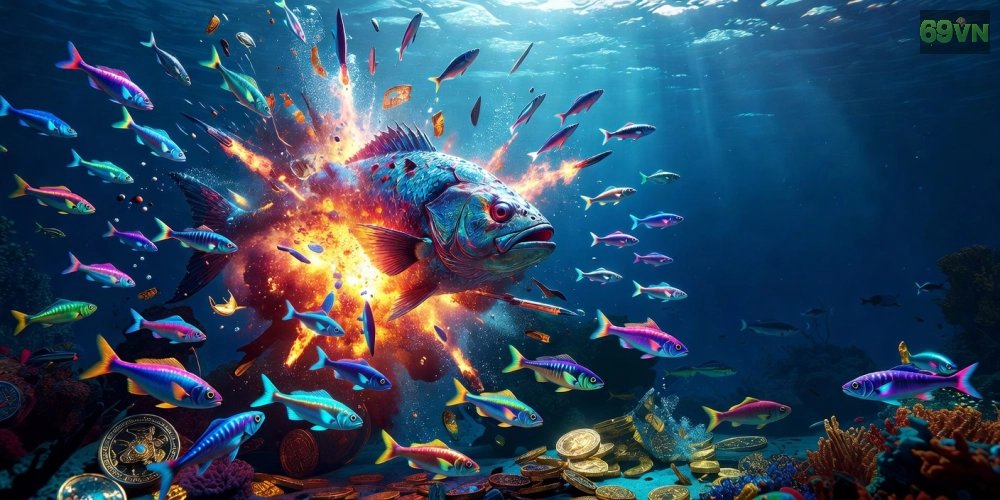 Hình ảnh top game bắn cá vui 69vn với boss cá khổng lồ và hiệu ứng nổ tung