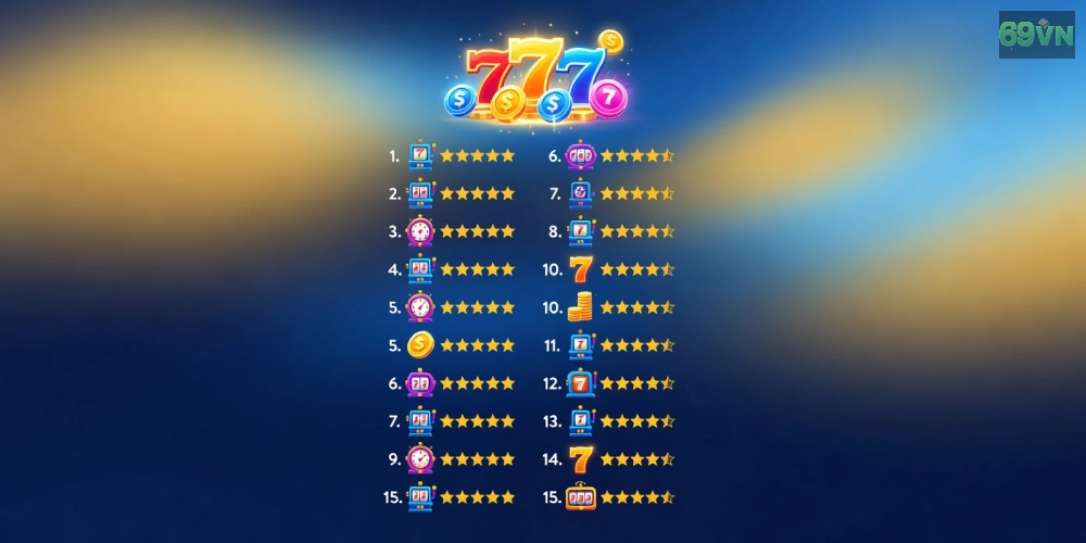 Top 15 nền tảng quay nổ hũ 69vn uy tín với infographic xếp hạng và biểu tượng jackpot
