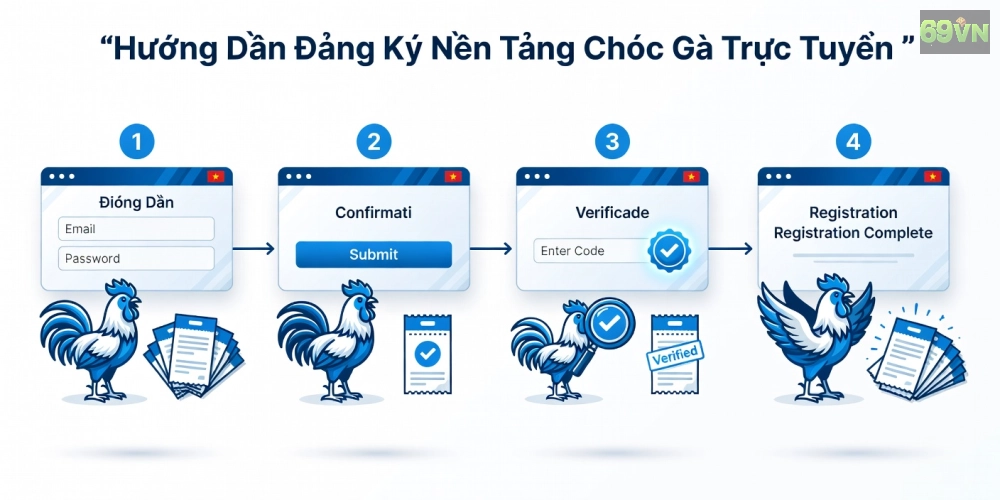 Hình hướng dẫn từng bước đăng ký tài khoản đá gà trực tuyến 69vn với infographic rõ ràng