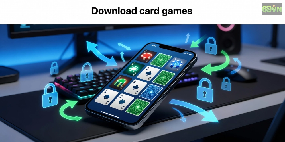 Minh họa khái niệm tải game bài 69vn với giao diện app hiện đại và các trò chơi phổ biến