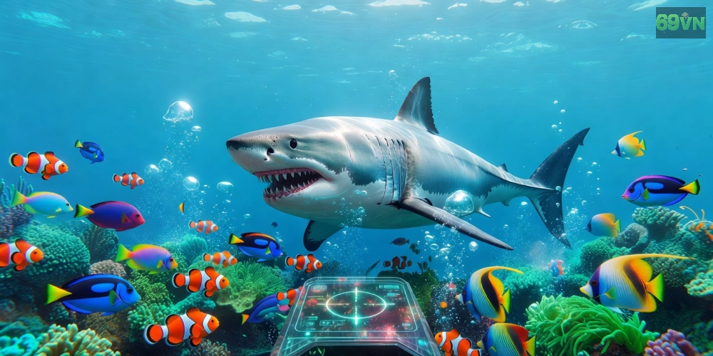 Hình ảnh minh họa gameplay bắn cá đại dương sống động với cá mập khổng lồ