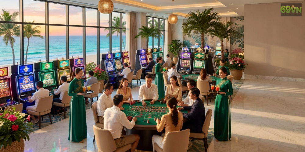 Không gian casino tại Vinpearl Resort Nha Trang với du khách đang chơi slot machine sôi động